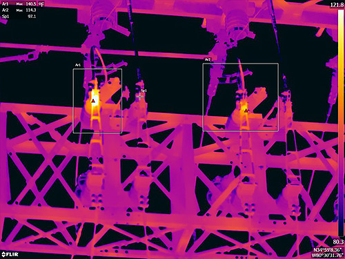 Comparing substation hinged cutouts - FLIR T1K IR Image Comparing substation hinged cutouts - FLIR T1K IR Image